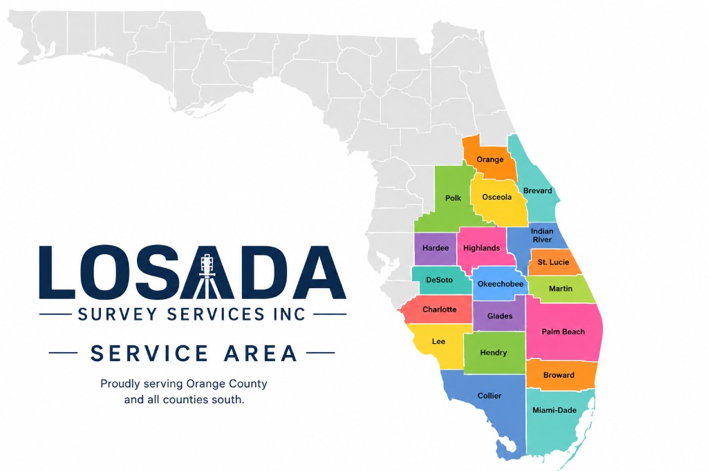 Losada Survey Services service area map covering Orange County and all counties south through Miami-Dade